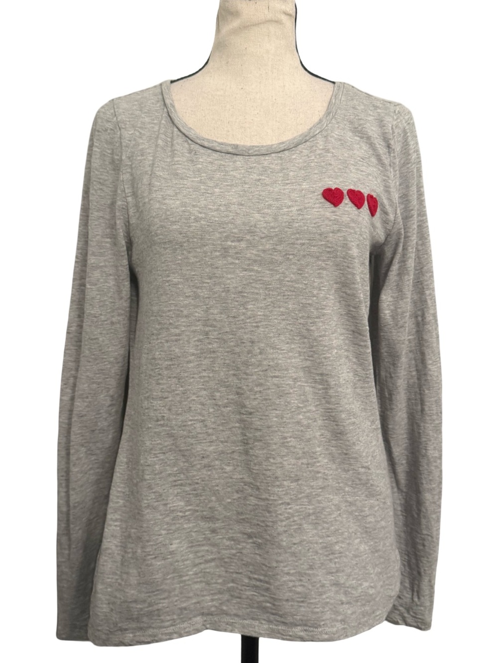 LOFT Gray Long Sleeve Heart Detail Top | 100% Cotton | Casual Minimalist S
